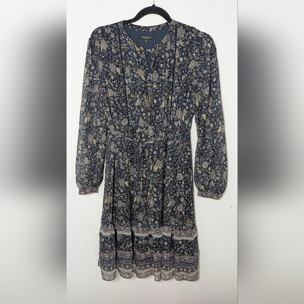 Thursday Island Navy Floral Boho Dress Button Front Tie Waist Long Sleeve Size S